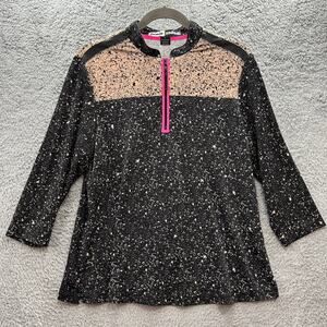 Jamie Sadock Women's Large Golf Tennis Shirt 3/4 Sleeves Black Tan Zip Collar‎